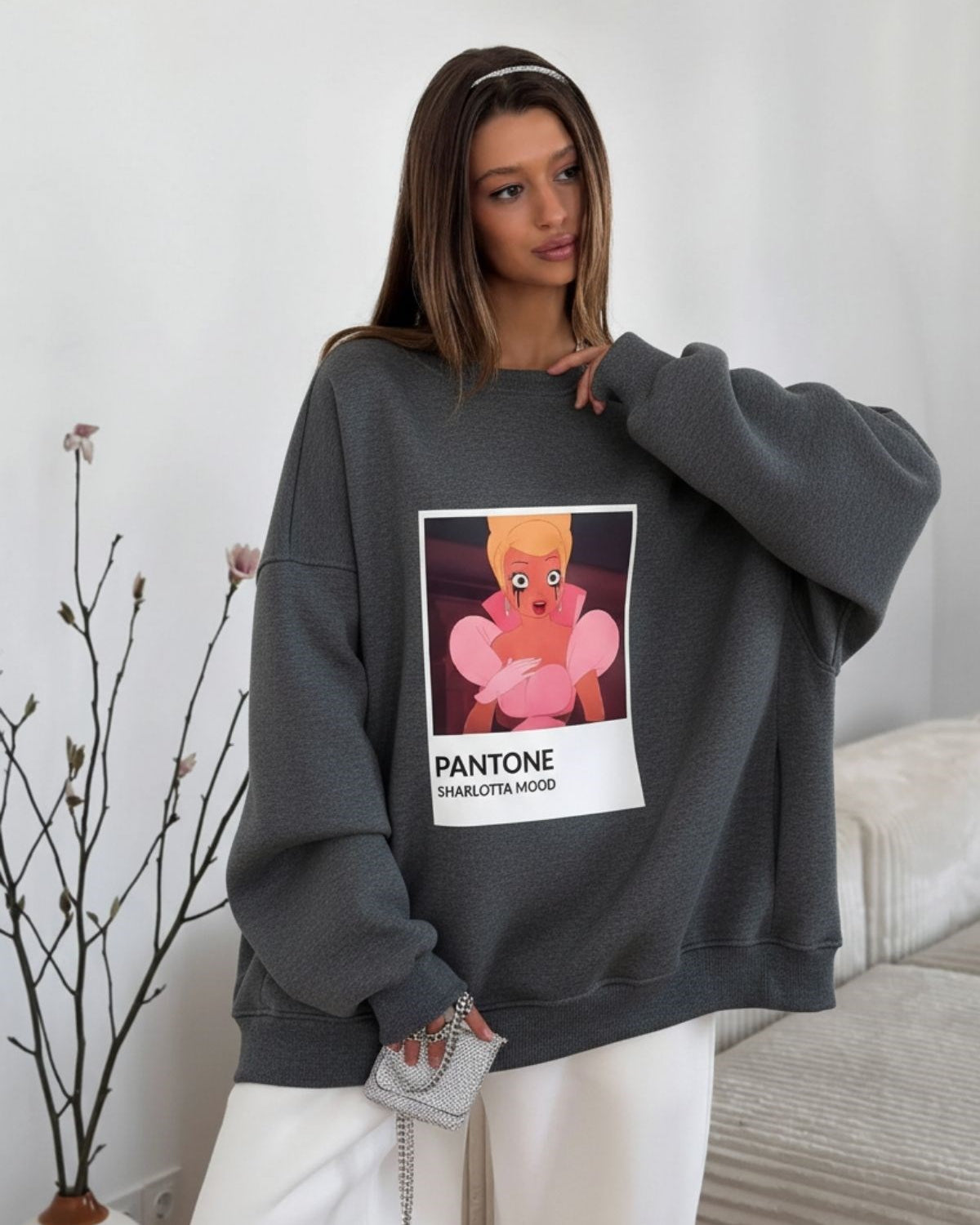 Kadın Oversize Sweat Elbise Füme Melanj - 3 İplik Şardonlu, Bisiklet Yaka, Pantone - prenses baskılı