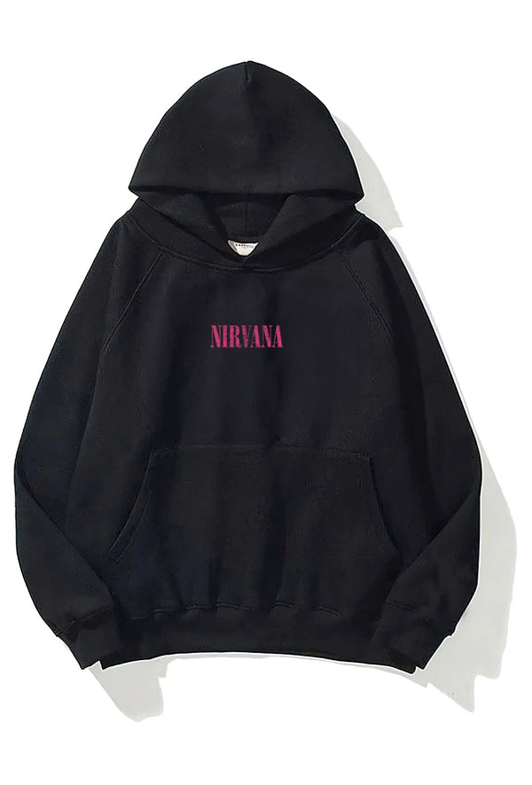 Kapüşonlu İçi Polar Pembe Nirvana Baskılı Siyah Unisex Hoodie Sweatshirt