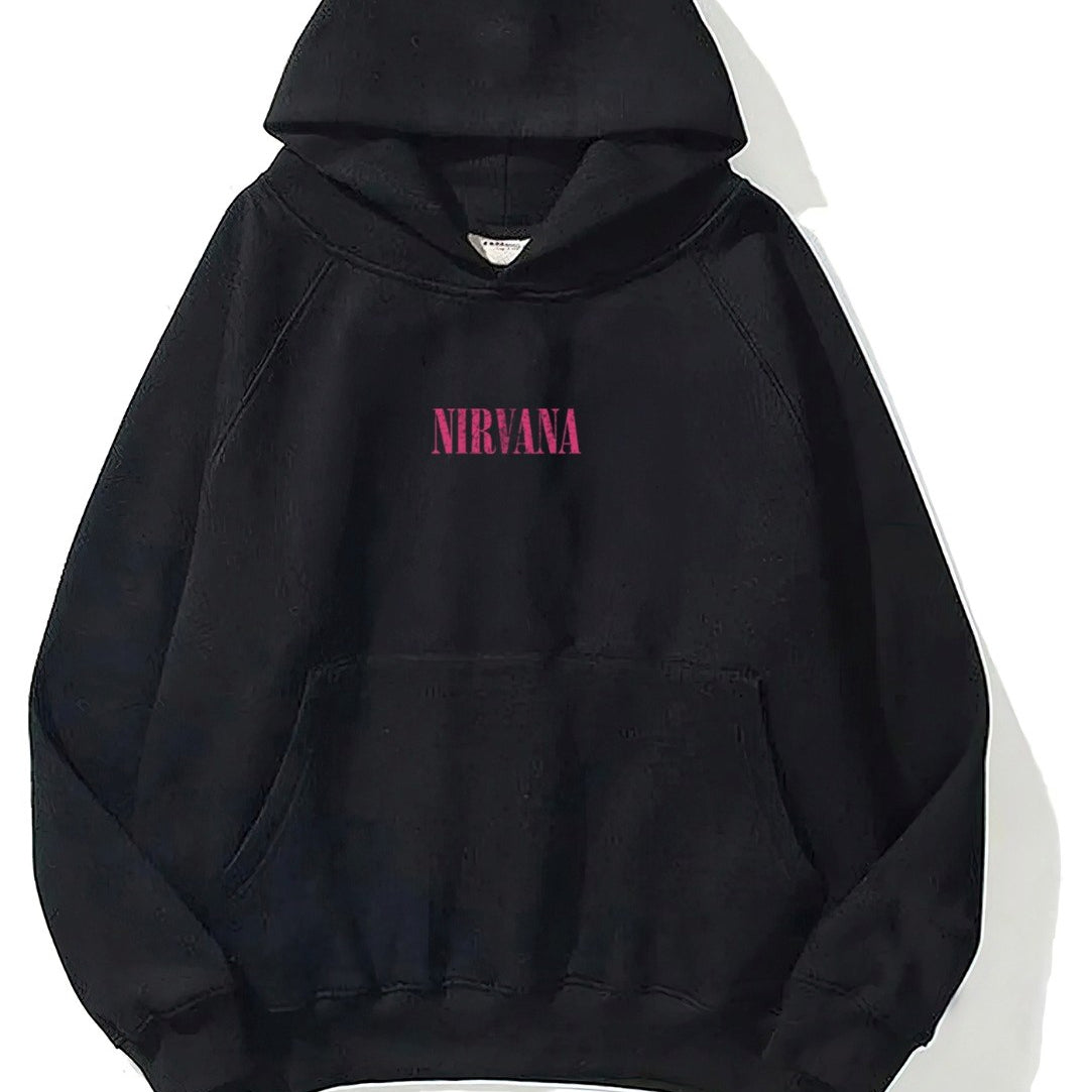 Kapüşonlu İçi Polar Pembe Nirvana Baskılı Siyah Unisex Hoodie Sweatshirt