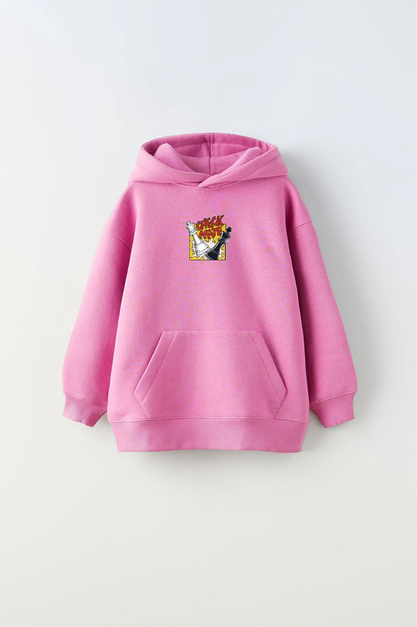 Kapüşonlu İçi Polar Satranç Cartoon Baskılı Pembe Unisex Çocuk Hoodie Sweatshirt