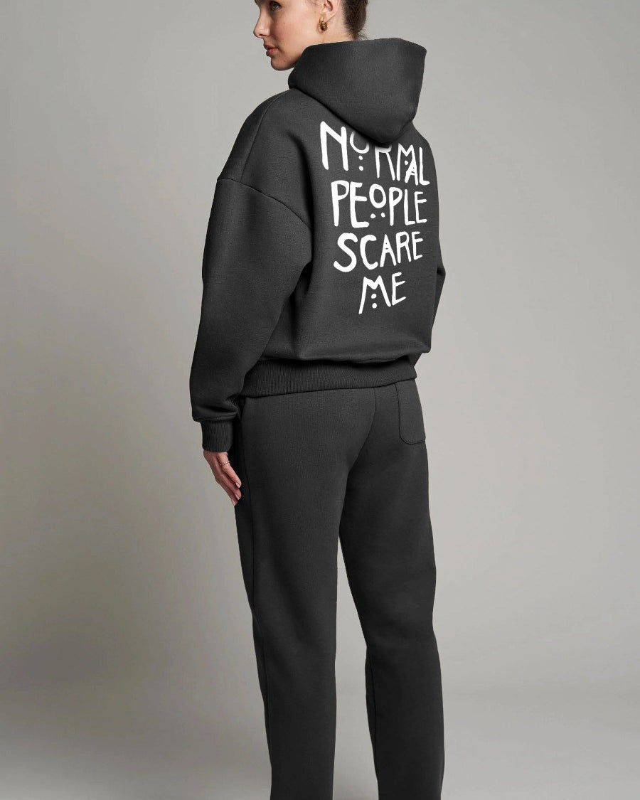 Kapüşonlu İçi Polar Normal People Scare Me Baskılı Siyah Unisex Hoodie Sweatshirt