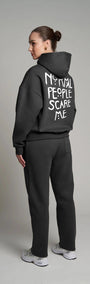 Kapüşonlu İçi Polar Normal People Scare Me Baskılı Siyah Unisex Hoodie Sweatshirt
