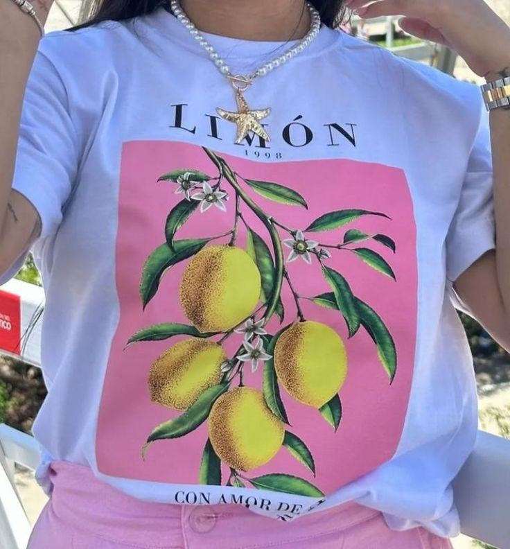Kadın Yaz Enerjili Limon ve Çiçek Baskılı Beyaz Tişört