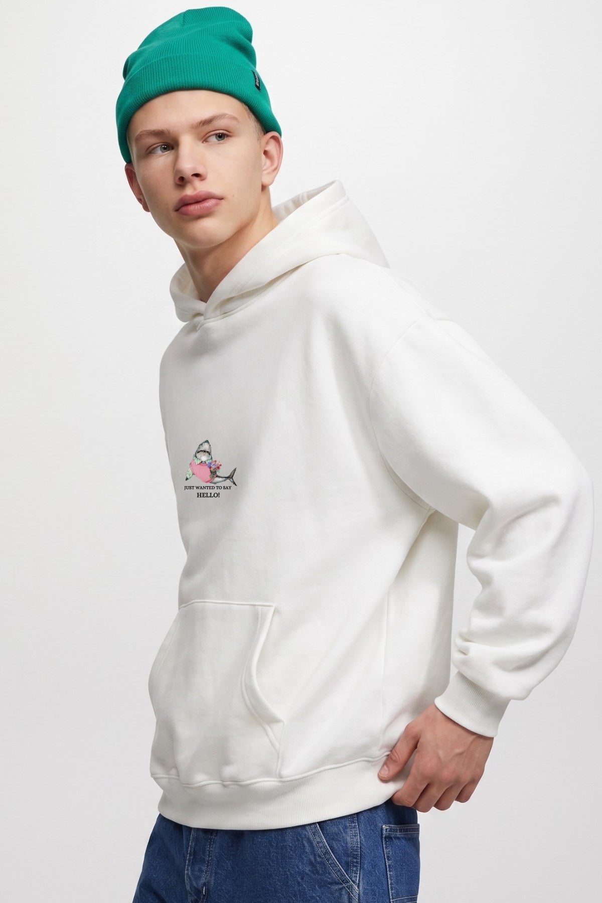 Erkek Oversize Sweatshirt Hoodie Shark Hello Beyaz – Kapüşonlu, 3 İplik Polar, Kanguru Cepli
