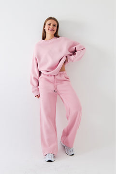 Unisex Oversize Eşofman Takımı Basic Pembe – Bisiklet Yaka, Boru Paça, 3 İplik Şardonlu Polar