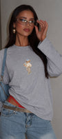 Kadın Relaxed Fit Sweatshirt Coffee Bear Baskılı Gri Melanj – Bisiklet Yaka, 3 İplik Şardonsuz