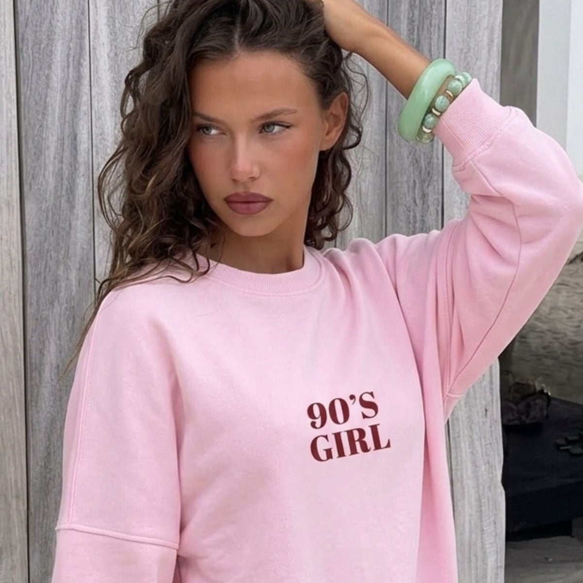 Kadın Oversize Sweatshirt 90’s Girl Baskılı Pembe – Bisiklet Yaka, 3 İplik Şardonlu Polar