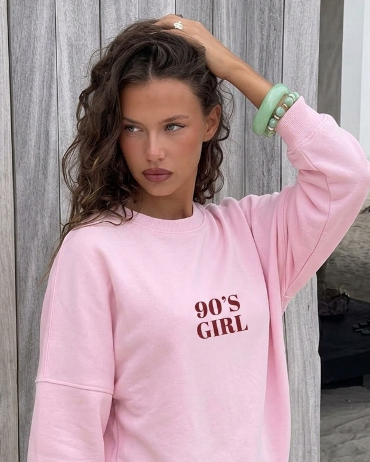 Kadın Oversize Sweatshirt 90’s Girl Baskılı Pembe – Bisiklet Yaka, 3 İplik Şardonlu Polar