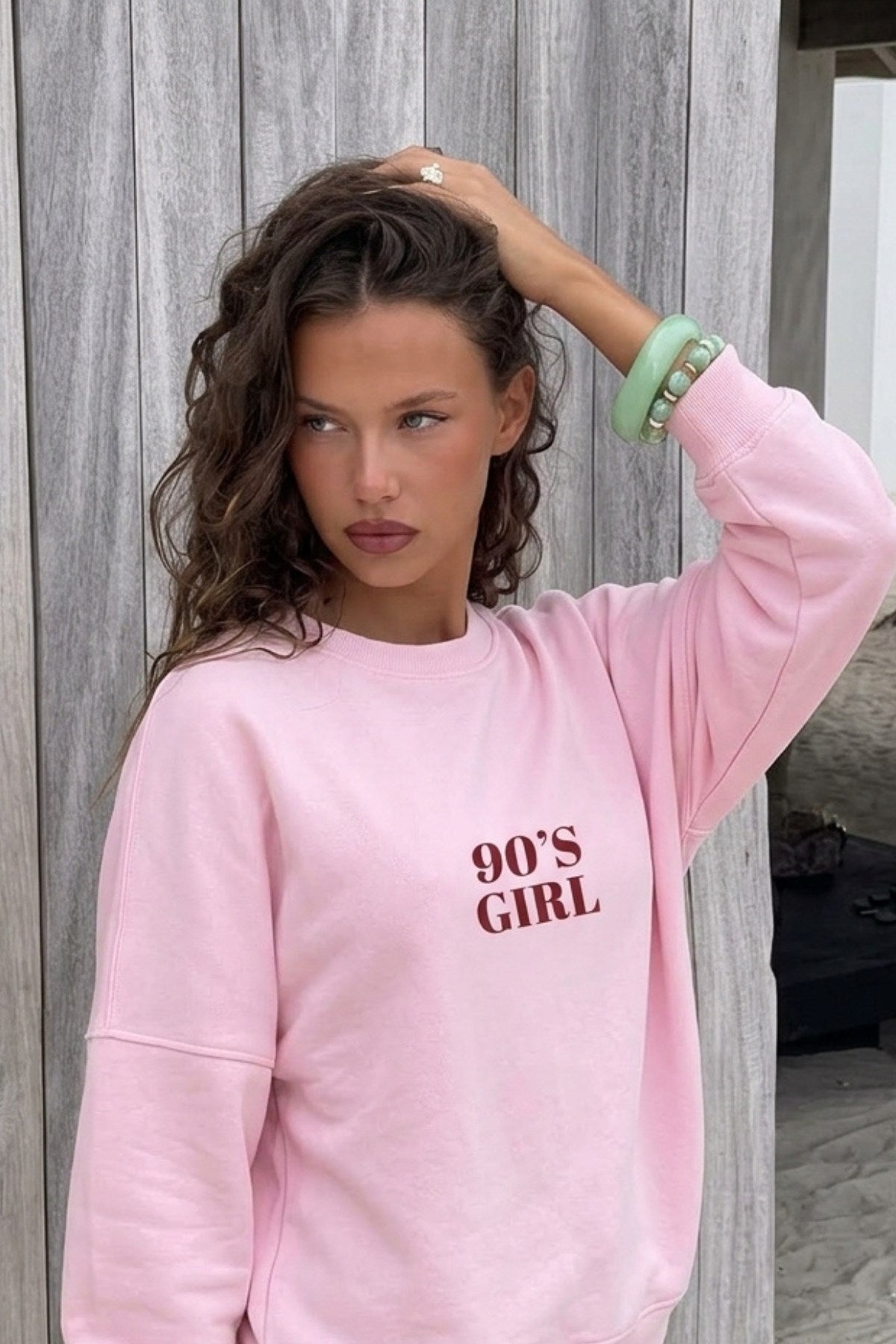 Kadın Oversize Sweatshirt 90’s Girl Baskılı Pembe – Bisiklet Yaka, 3 İplik Şardonlu Polar