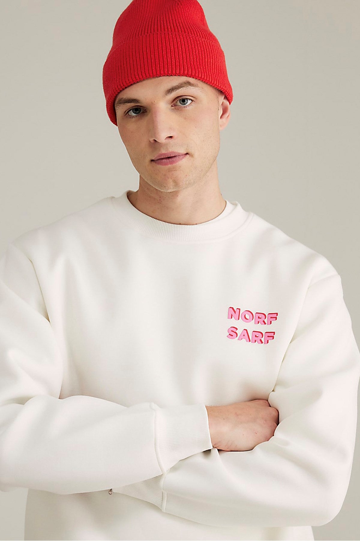 Unisex Oversize Sweatshirt Norf Sarf Harita Baskılı Beyaz – Bisiklet Yaka, 3 İplik Şardonlu Polar