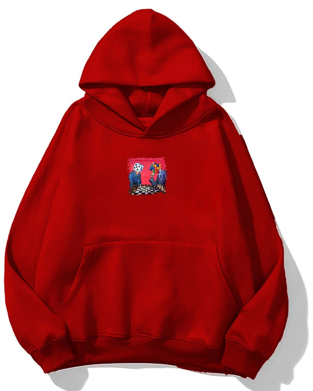 Kapüşonlu İçi Polar Satranç Baskılı Kırmızı Unisex Oversize Hoodie Sweatshirt