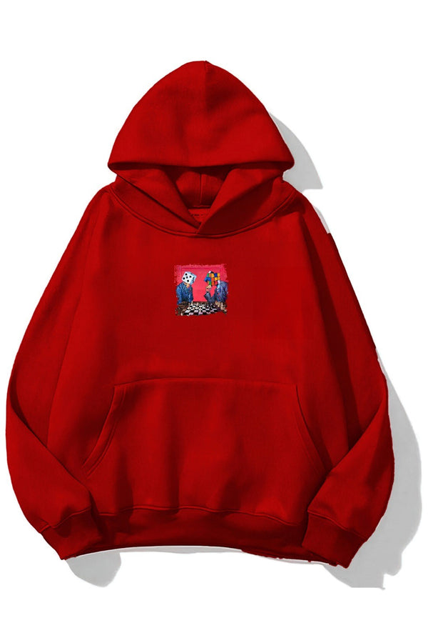 Kapüşonlu İçi Polar Satranç Baskılı Kırmızı Unisex Oversize Hoodie Sweatshirt