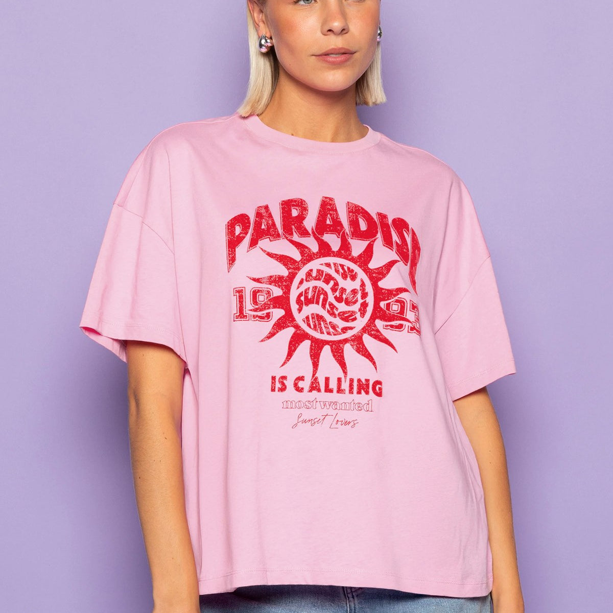 Kadın Oversize Tişört Paradise Calling Baskılı Pembe – Bisiklet Yaka, %100 Pamuk Compact Süprem 24/1