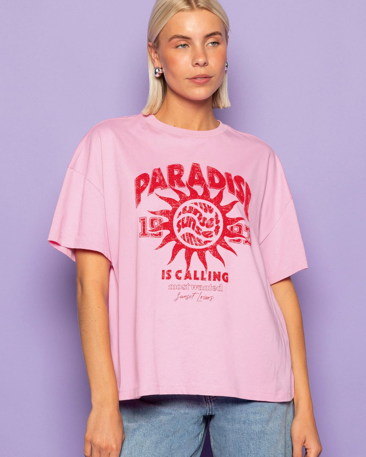 Kadın Oversize Tişört Paradise Calling Baskılı Pembe – Bisiklet Yaka, %100 Pamuk Compact Süprem 24/1