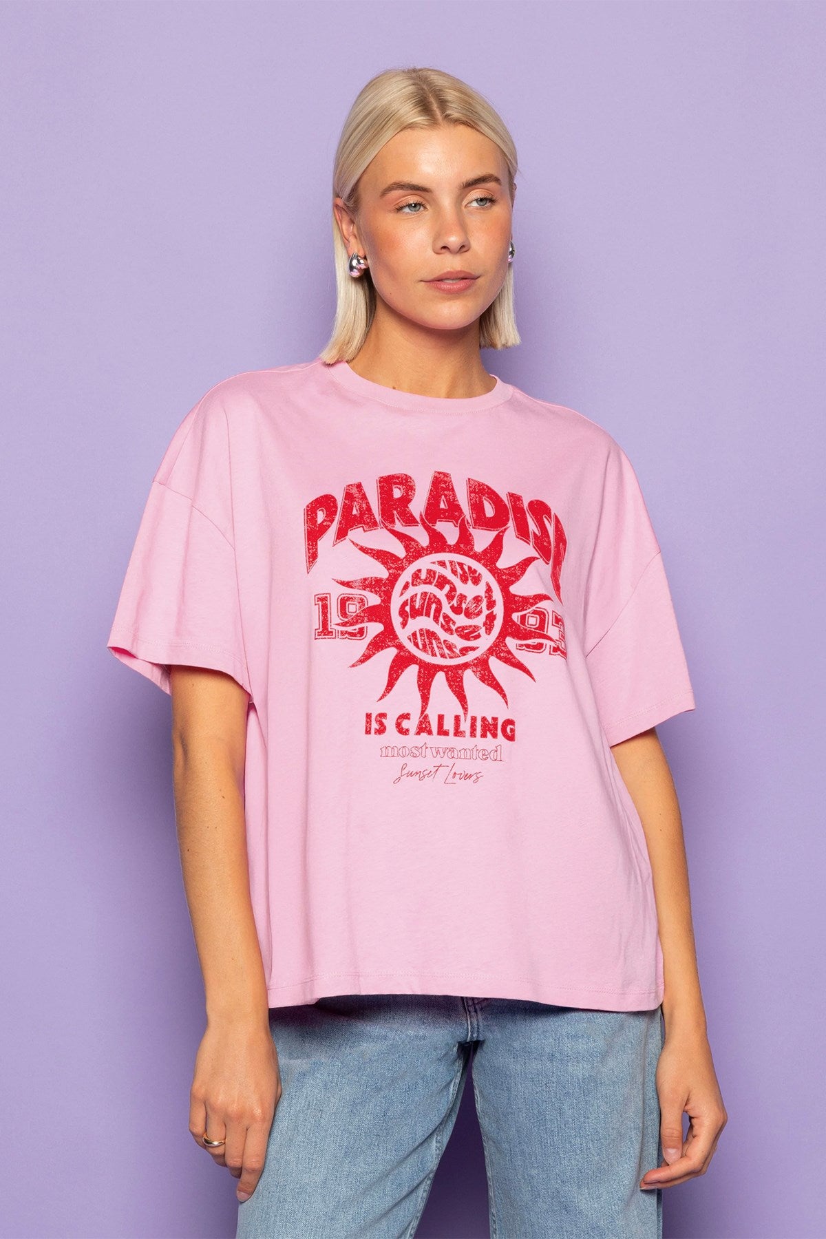 Kadın Oversize Tişört Paradise Calling Baskılı Pembe – Bisiklet Yaka, %100 Pamuk Compact Süprem 24/1
