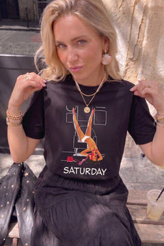 Kadın Oversize Tişört Weekend Mood Baskılı Siyah – Bisiklet Yaka, Rahat Kalıp, %100 Pamuk