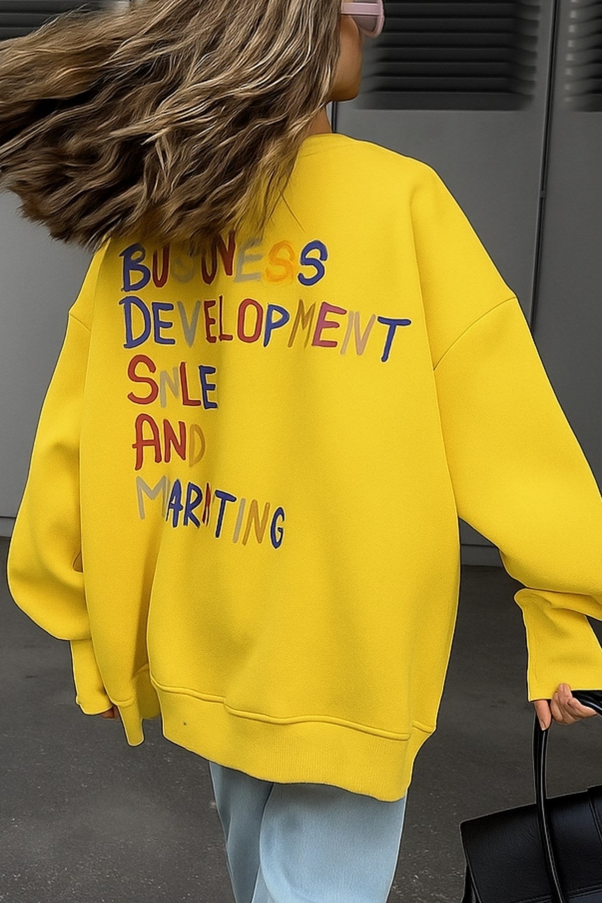 Kadın Oversize Sweatshirt Elbise Color Pop Baskılı Sarı – Bisiklet Yaka, 3 İplik Şardonlu Polar