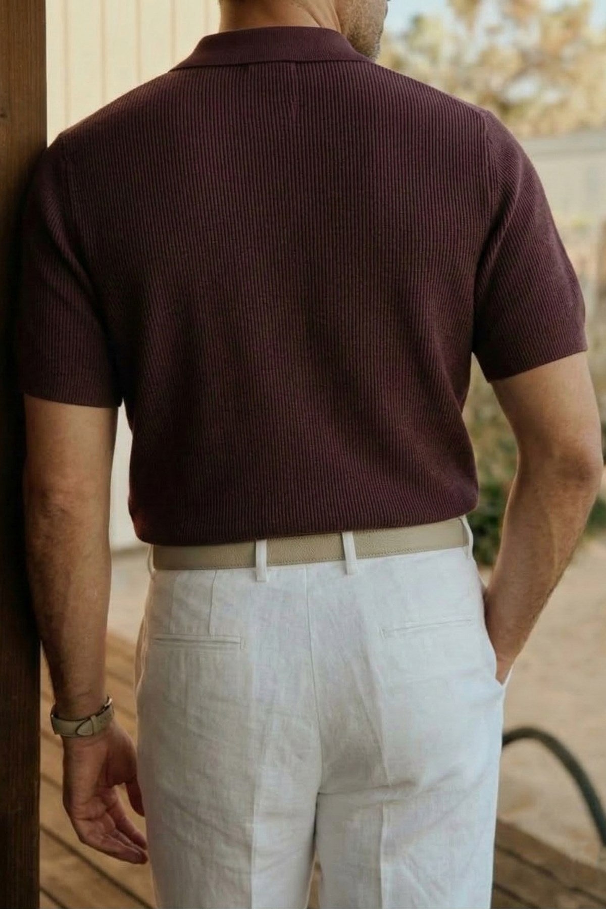 Erkek Dokulu Fitilli Triko Tişört Bordo - Polo Yaka, Yarım Fermuar, Fit, Yazlık, Örme 