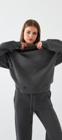 Unisex Oversize Sweatshirt Basic Füme – Bisiklet Yaka, 3 İplik Şardonlu Polar