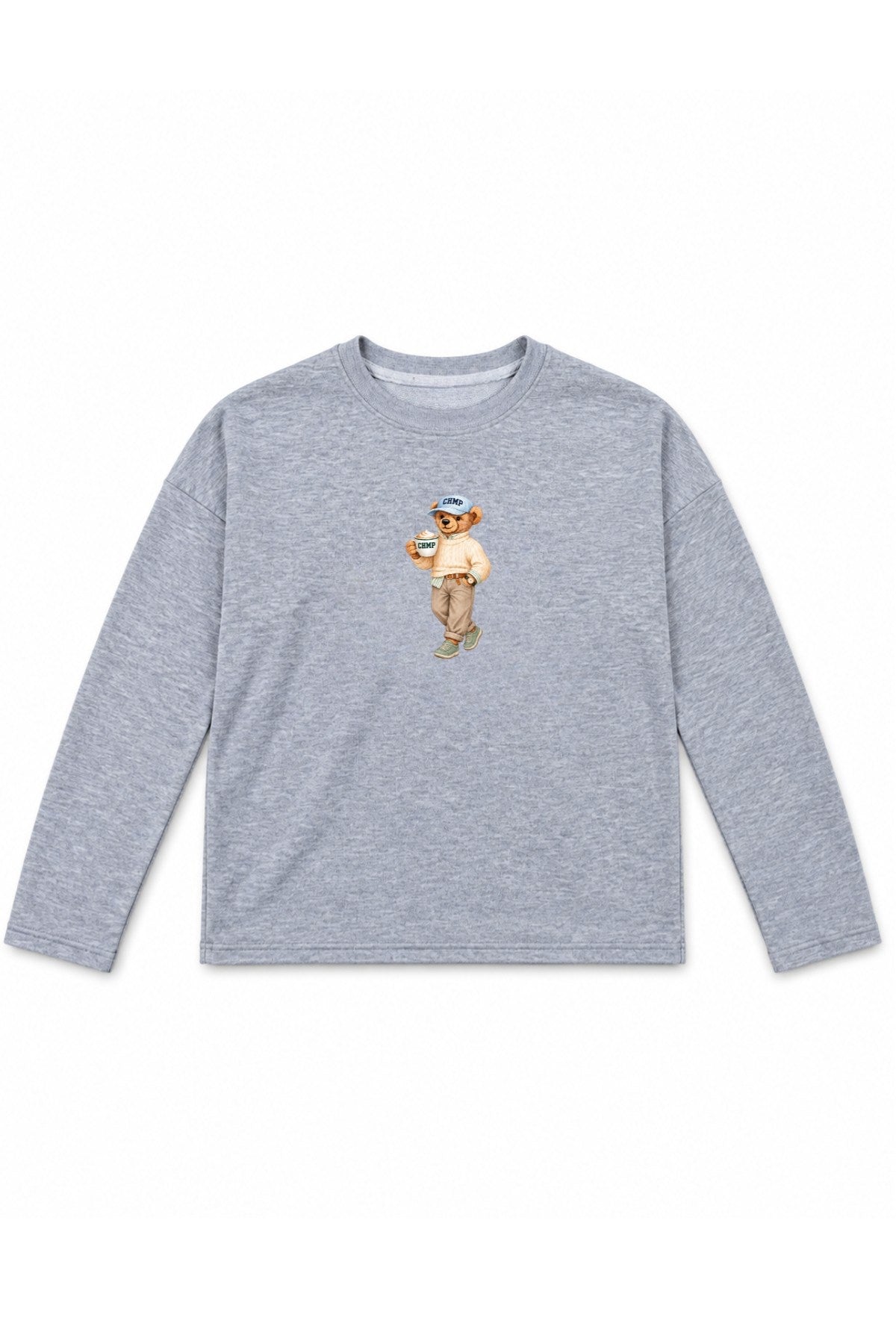 Kadın Relaxed Fit Sweatshirt Coffee Bear Baskılı Gri Melanj – Bisiklet Yaka, 3 İplik Şardonsuz