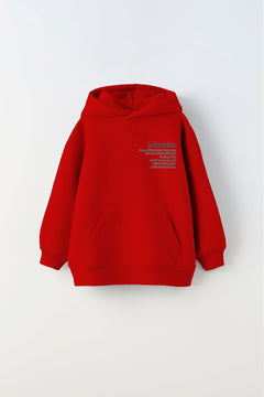 Kırmızı Kapüşonlu İçi Polar Dağ Baskılı  Unisex Çocuk Hoodie Sweatshirt