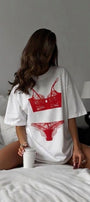 Kadın Double Oversize Rouge Intimates Baskılı Beyaz – Bisiklet Yaka, Rahat Kalıp, %100 Pamuk