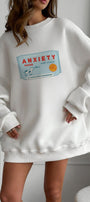 Kadın Oversize Sweatshirt Elbise Anxiety Bar Baskılı Beyaz – Bisiklet Yaka, 3 İplik Şardonlu Polar