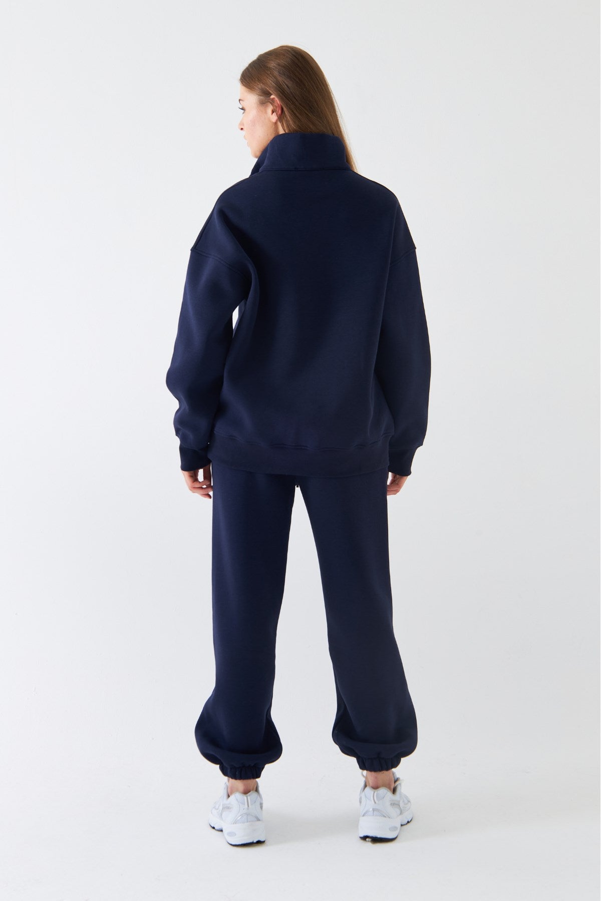 Unisex Oversize Sweatshirt Basic Lacivert – Yarım Fermuar Dik Yaka, 3 İplik Şardonlu Polar