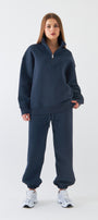 Unisex Oversize Eşofman Takımı Basic Marine – Fermuarlı Dik Yaka, Lastikli Paça, 3 İplik Polar