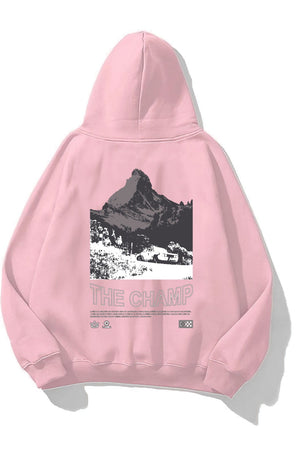 Kapüşonlu İçi Polar The Champ Dağ Baskılı Pembe Unisex Hoodie Sweatshirt