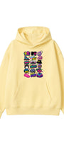 Kadın Oversize Hoodie Sweatshirt 90s Pop Patch Baskılı Sarı – Kapüşonlu, Kanguru Cepli, 3 İplik