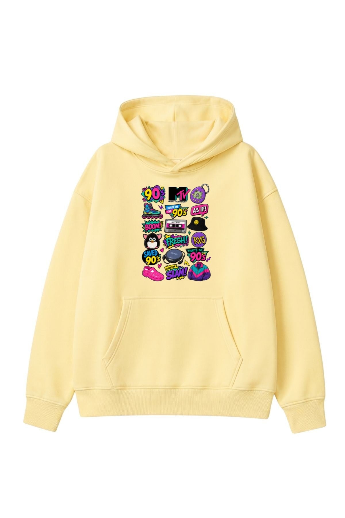 Kadın Oversize Hoodie Sweatshirt 90s Pop Patch Baskılı Sarı – Kapüşonlu, Kanguru Cepli, 3 İplik