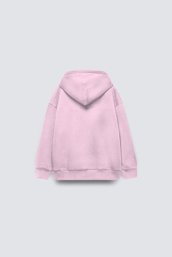 Pembe Basic Çocuk Kapüşonlu Kanguru Cep Detaylı İçi Polar Oversize Sweatshirt