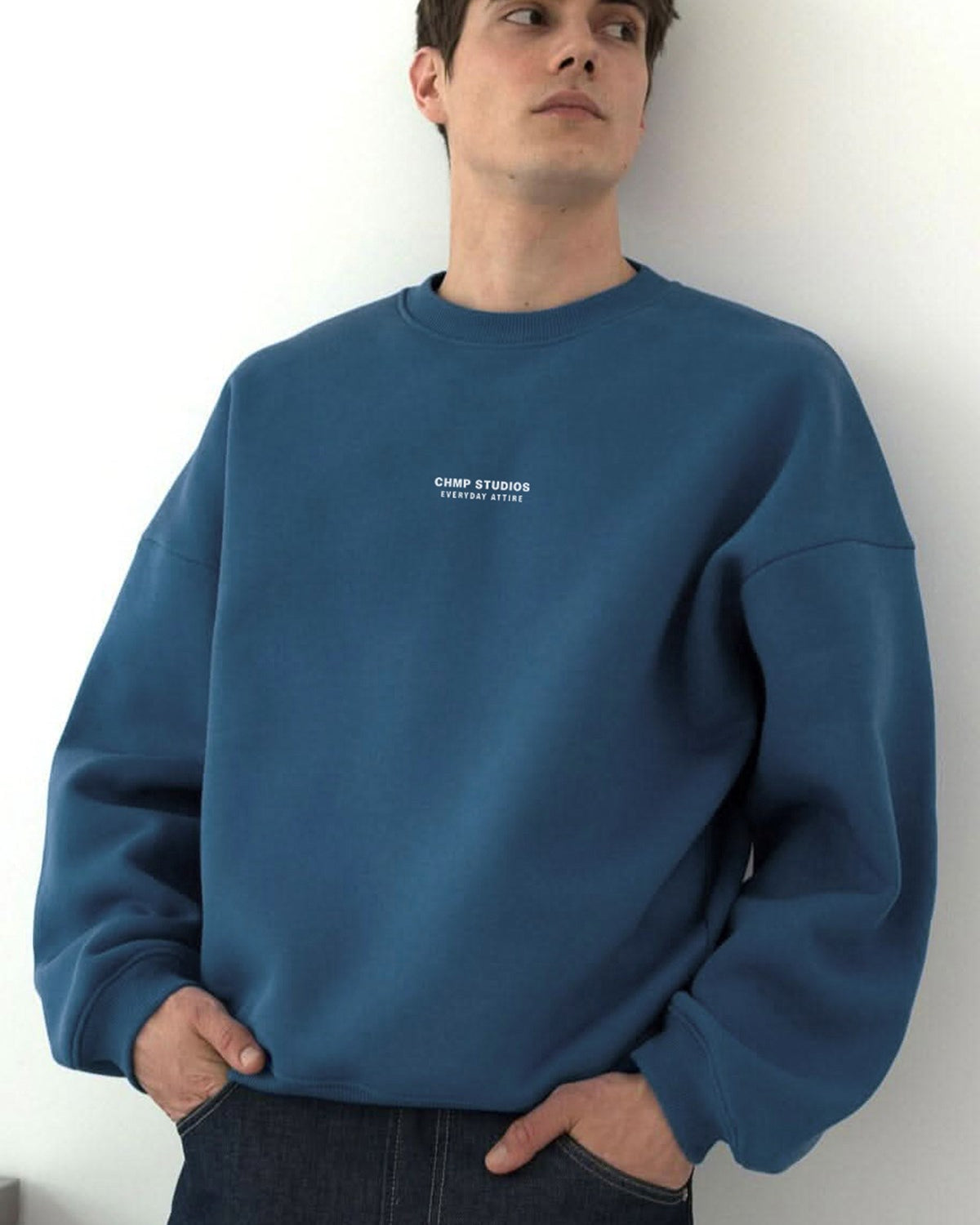 Erkek Oversize Sweatshirt CHMP STUDIOS Marine – Bisiklet Yaka, 3 İplik Şardounlu Polar