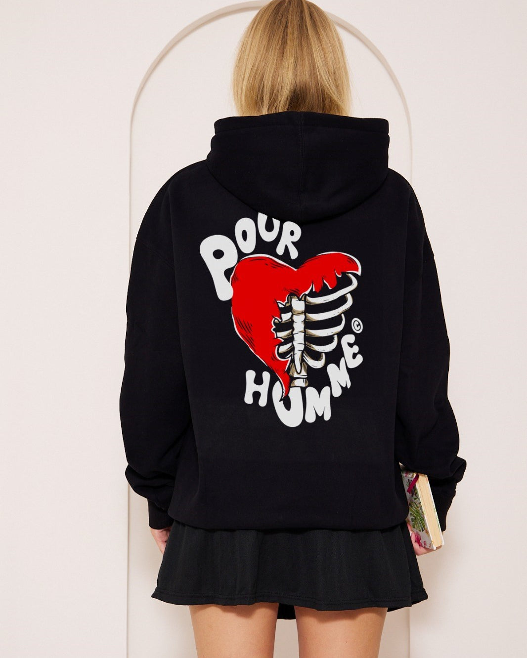 Kapüşonlu İçi Polar Kalp İskelet Baskılı Siyah Unisex Hoodie Sweatshirt