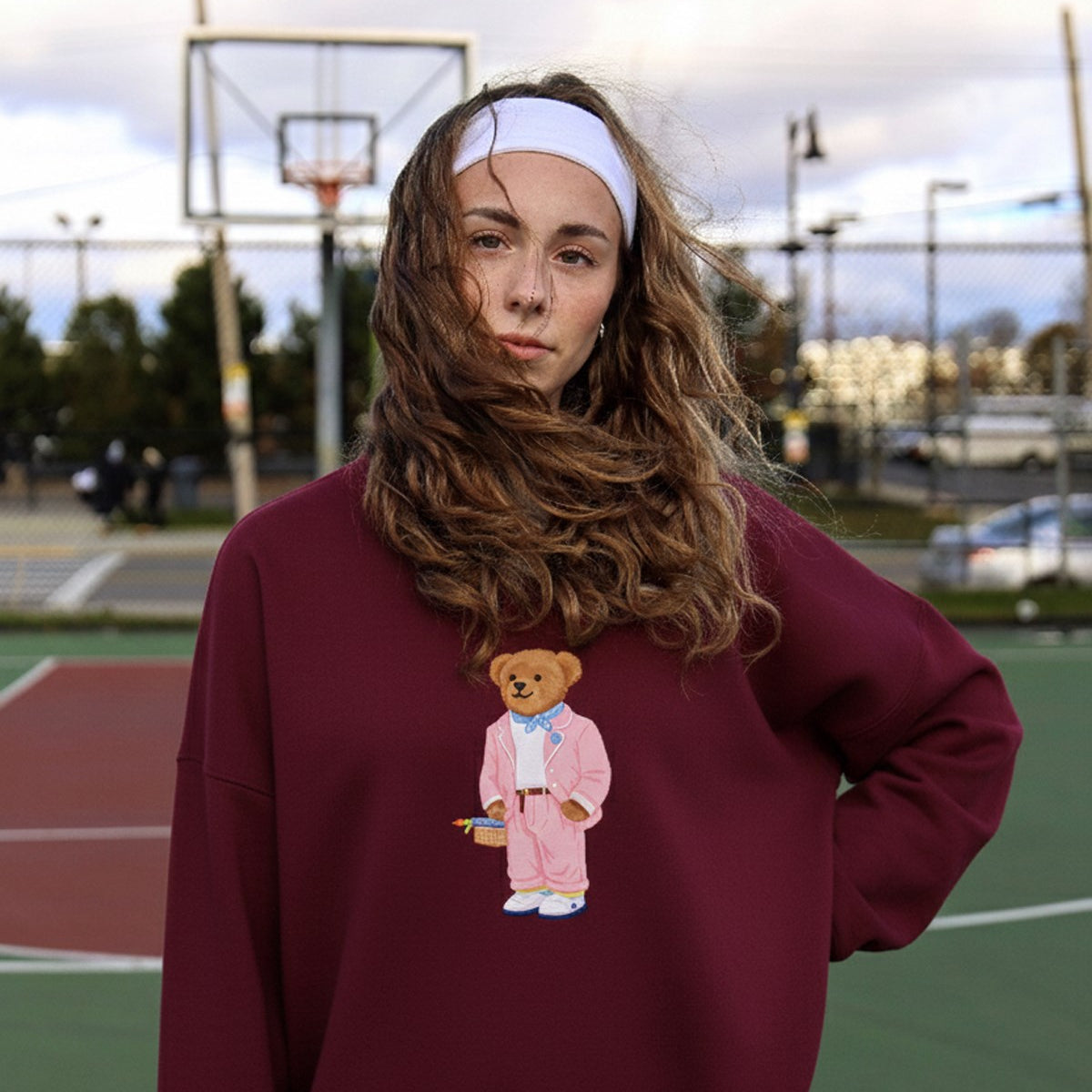 Kadın Oversize Sweatshirt Pink Suit Bear 3D Baskılı Bordo – Bisiklet Yaka, 3 İplik Şardonlu Polar