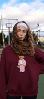 Kadın Oversize Sweatshirt Pink Suit Bear 3D Baskılı Bordo – Bisiklet Yaka, 3 İplik Şardonlu Polar