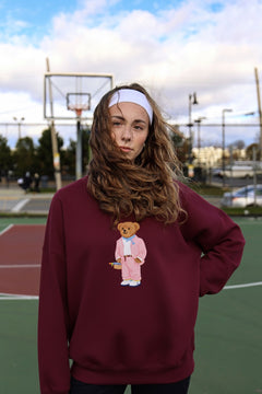 Kadın Oversize Sweatshirt Pink Suit Bear 3D Baskılı Bordo – Bisiklet Yaka, 3 İplik Şardonlu Polar