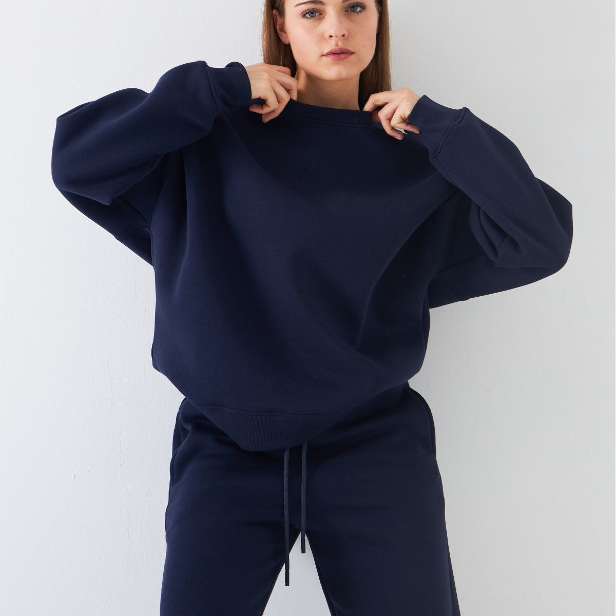 Unisex Oversize Sweatshirt Basic Lacivert – Bisiklet Yaka, 3 İplik Şardonlu Polar