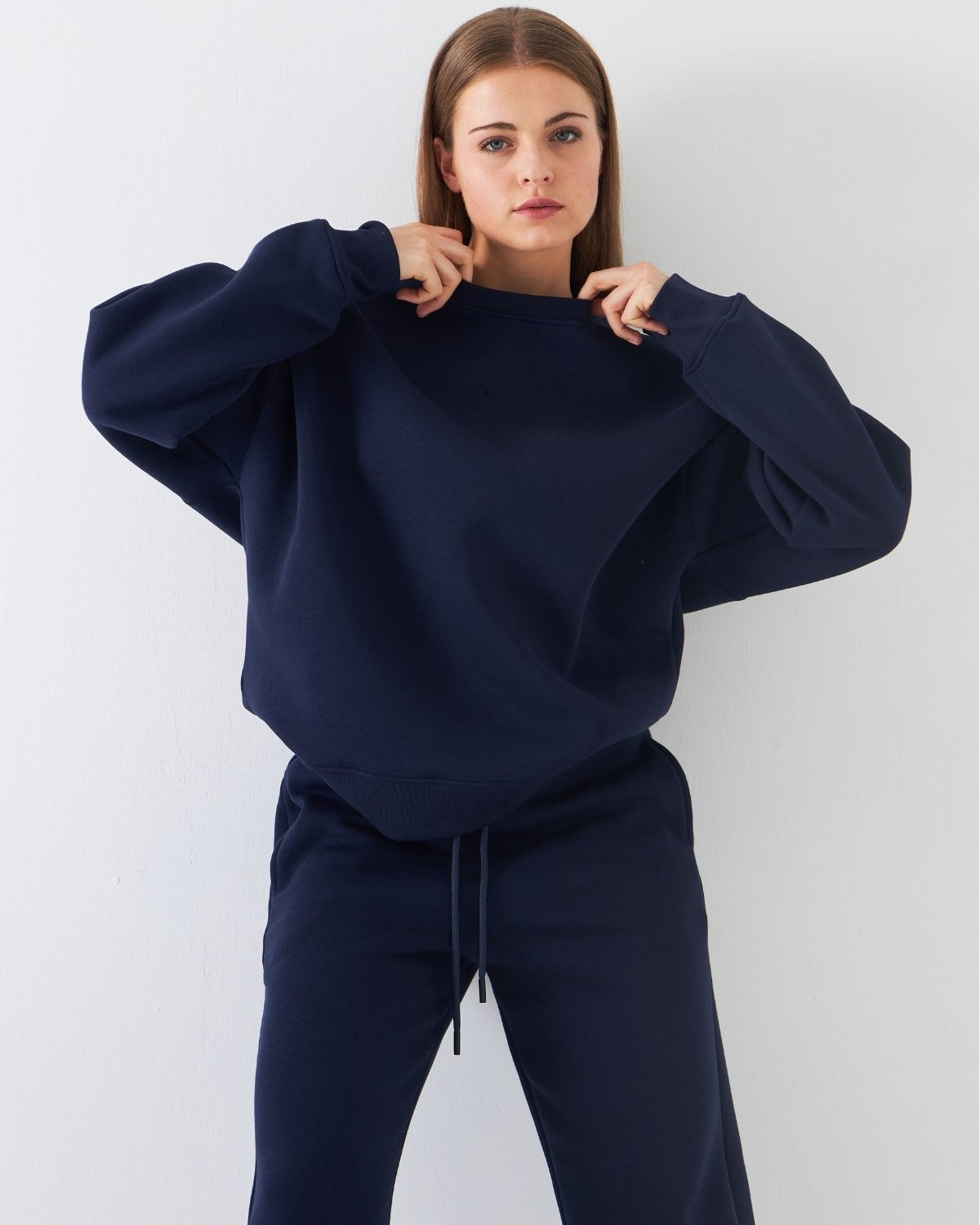 Unisex Oversize Sweatshirt Basic Lacivert – Bisiklet Yaka, 3 İplik Şardonlu Polar