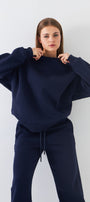 Unisex Oversize Sweatshirt Basic Lacivert – Bisiklet Yaka, 3 İplik Şardonlu Polar
