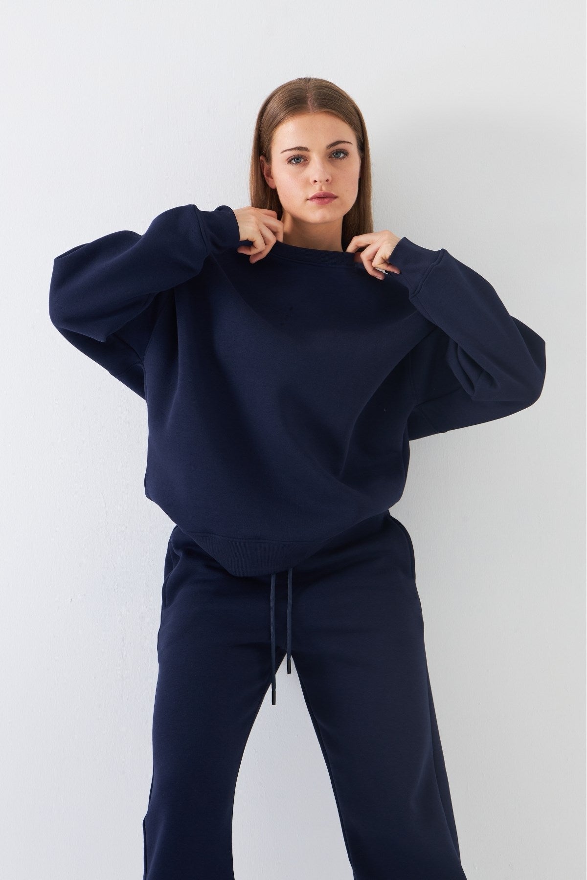 Unisex Oversize Sweatshirt Basic Lacivert – Bisiklet Yaka, 3 İplik Şardonlu Polar