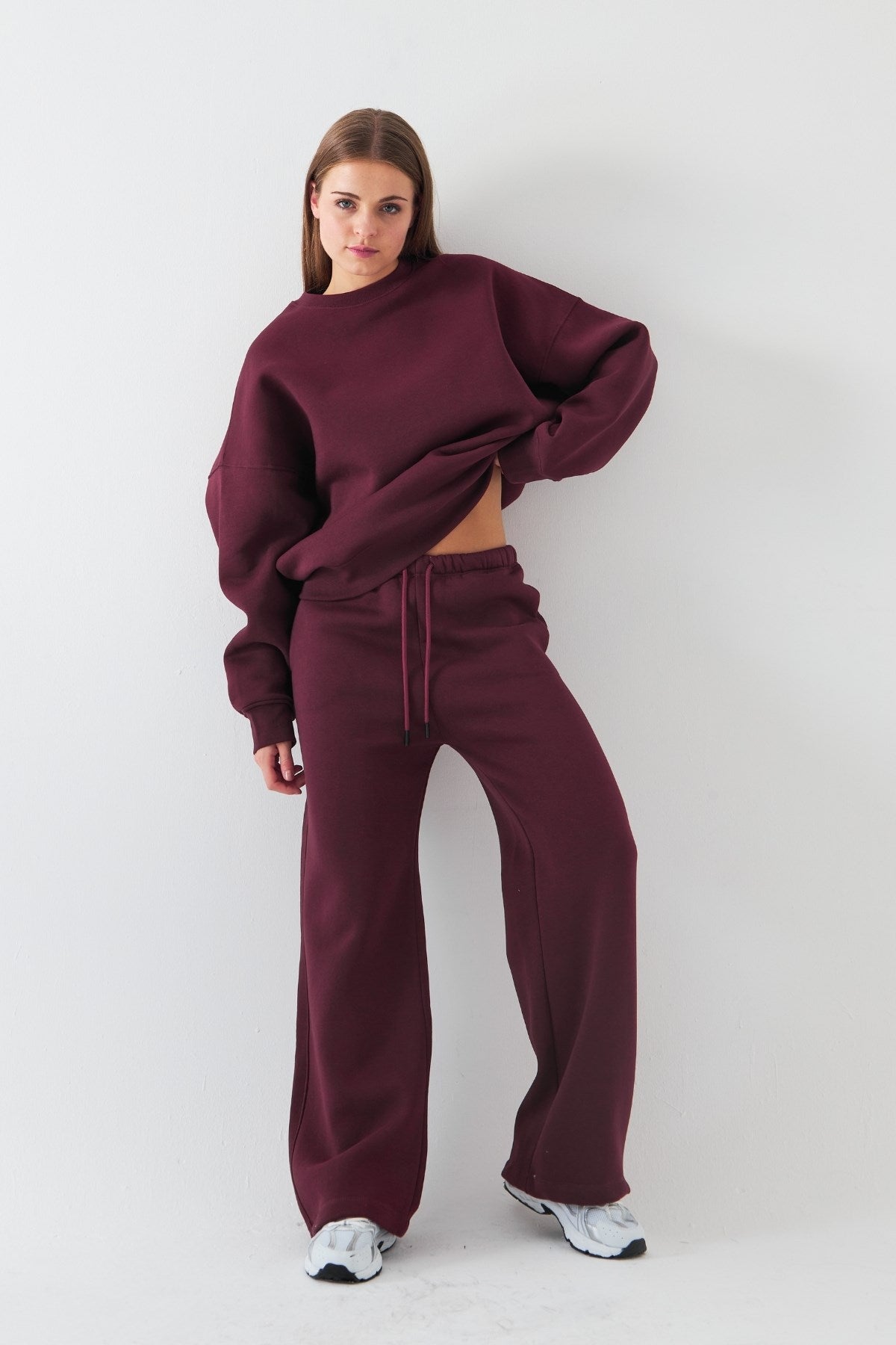 Unisex Oversize Eşofman Takımı Basic Bordo – Bisiklet Yaka, Boru Paça, 3 İplik Şardonlu Polar