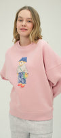 Kadın Teddy Ayıcık Baskılı Pembe 3 İplik Şardonlu Sweatshirt  Bisiklet Yaka, İçi Pamuklu