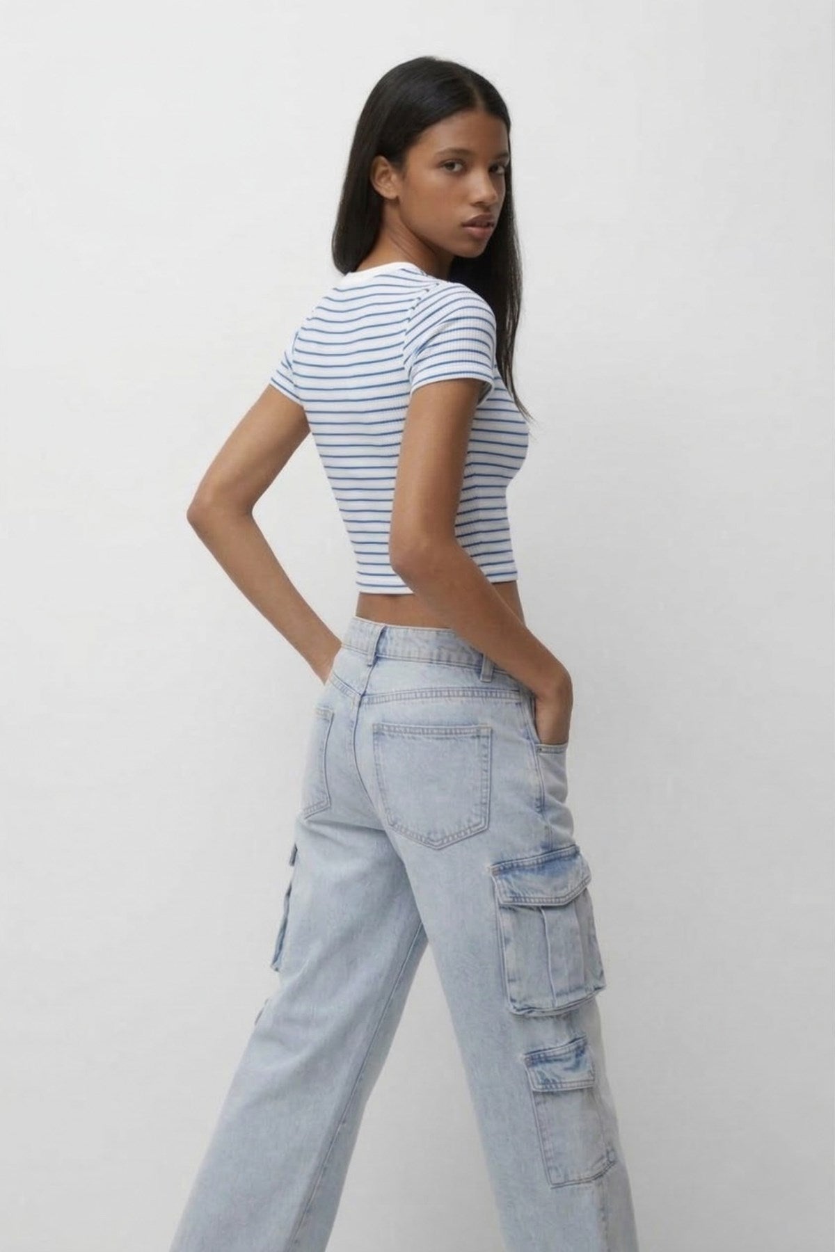 Kadın Çizgili Slim Fit Tişört Marine– Bisiklet Yaka, Kısa Kollu