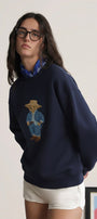 Kadın Oversize Sweatshirt Ranch Bear Baskılı Lacivert – Bisiklet Yaka, 3 İplik Şardonlu Polar