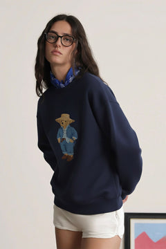 Kadın Oversize Sweatshirt Ranch Bear Baskılı Lacivert – Bisiklet Yaka, 3 İplik Şardonlu Polar