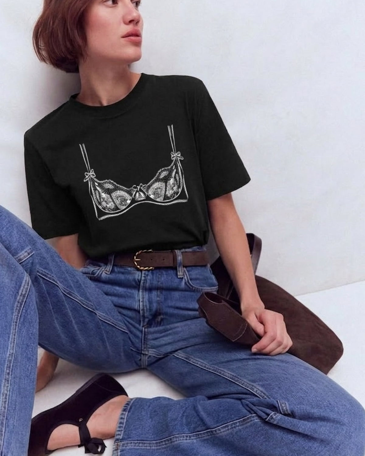 Kadın Double Oversize Lingerie Sketch Blue Baskılı Siyah – Bisiklet Yaka, Rahat Kalıp, %100 Pamuk