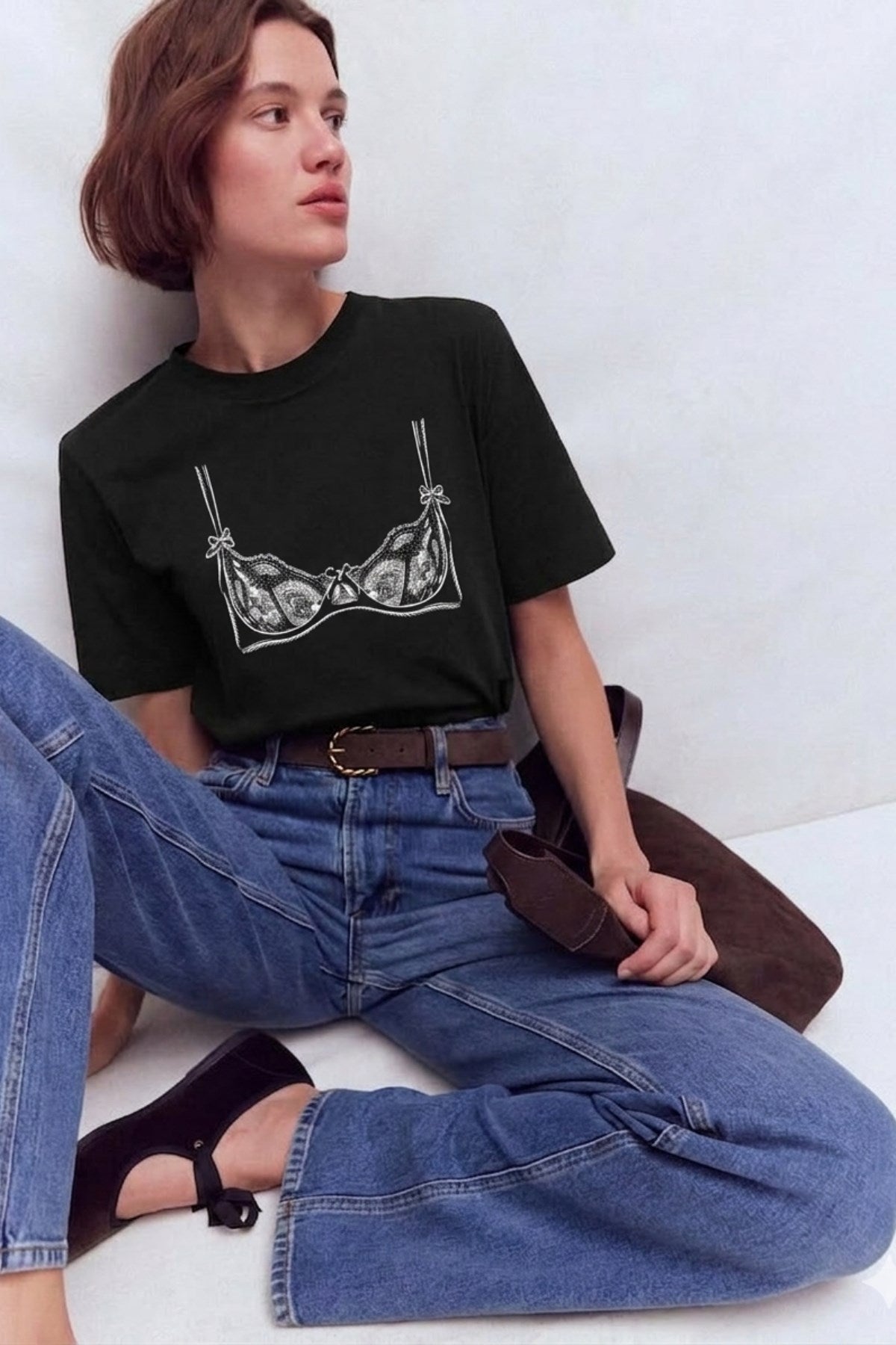Kadın Double Oversize Lingerie Sketch Blue Baskılı Siyah – Bisiklet Yaka, Rahat Kalıp, %100 Pamuk