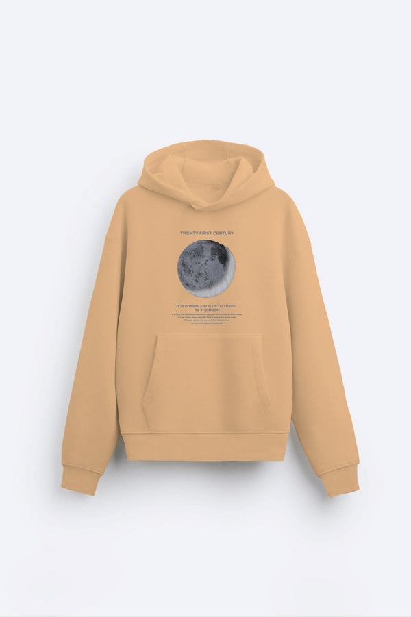 Kapüşonlu İçi Polar Moon Baskılı Bej Unisex Hoodie Sweatshirt